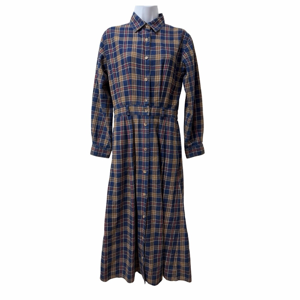 Vintage LL Bean Womens Cotton Scotch Plaid Flannel Maxi Dress Size 6P * Blue 90s